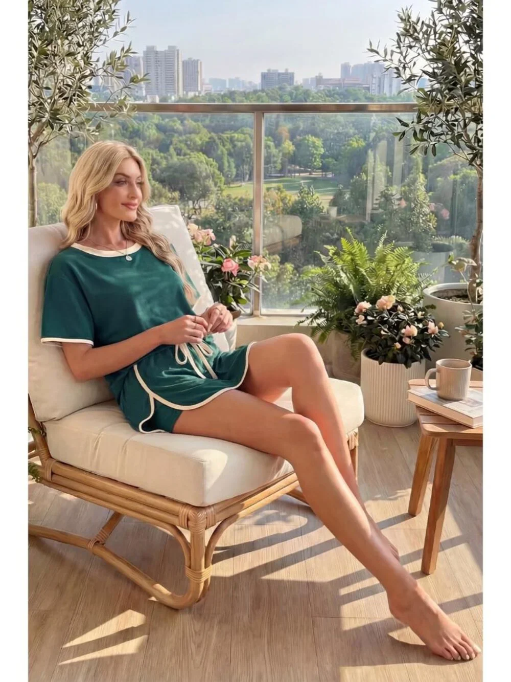 〽️Women's Shorts Set Green Cream Short Sleeve Top Comfort Skort Matching Outfit - Picture 4 of 6